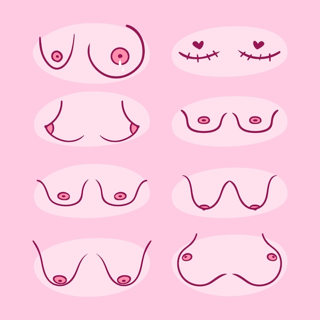 Vecteur gratuit collection de types de seins du mois de sensibilisation au cancer du sein dessinés à la main