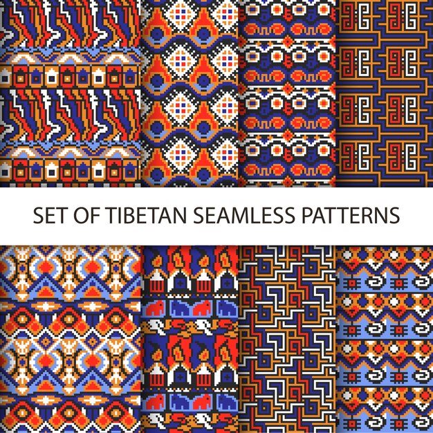 Collection de vecteur pixel coloré modèles sans couture avec l&#39;ornement ethnique Tibet