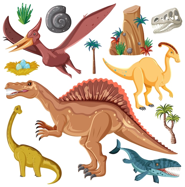 Vecteur gratuit collection vectorielle de dinosaures et d'éléments naturels