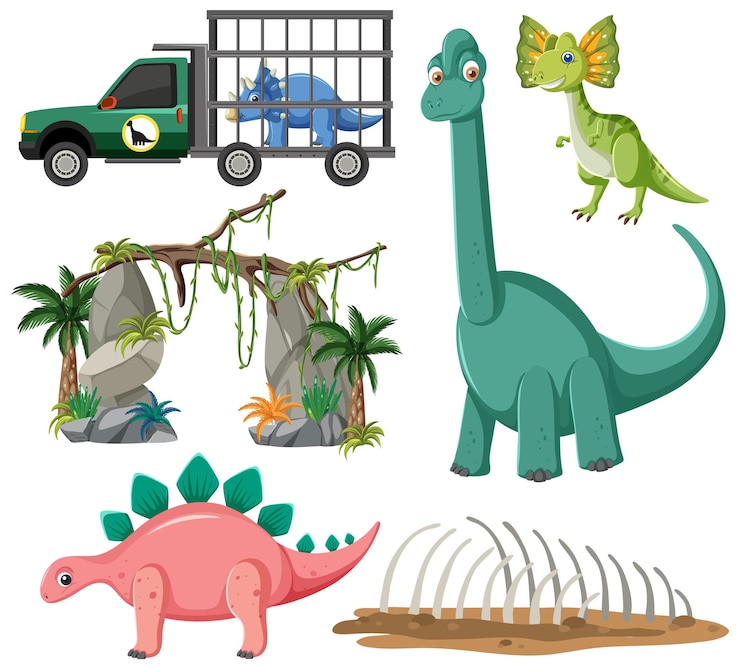 Vecteur gratuit collection vectorielle de dinosaures et d'éléments naturels