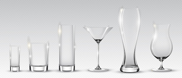 Collection de verres à alcool vides pour différentes boissons et cocktails