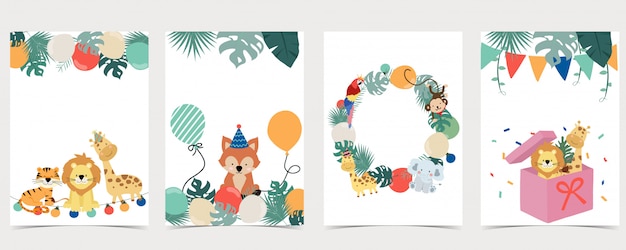 Collection Verte De Fond De Safari Sertie De Singe Renard Girafe Tigre Illustration Modifiable Pour Invitation D Anniversaire Carte Postale Et Autocollant Vecteur Premium