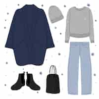 Vecteur gratuit collection de vêtements d'hiver et d'articles essentiels dessinés à la main