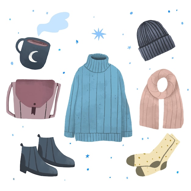 Collection de vêtements d'hiver et d'articles essentiels dessinés à la main