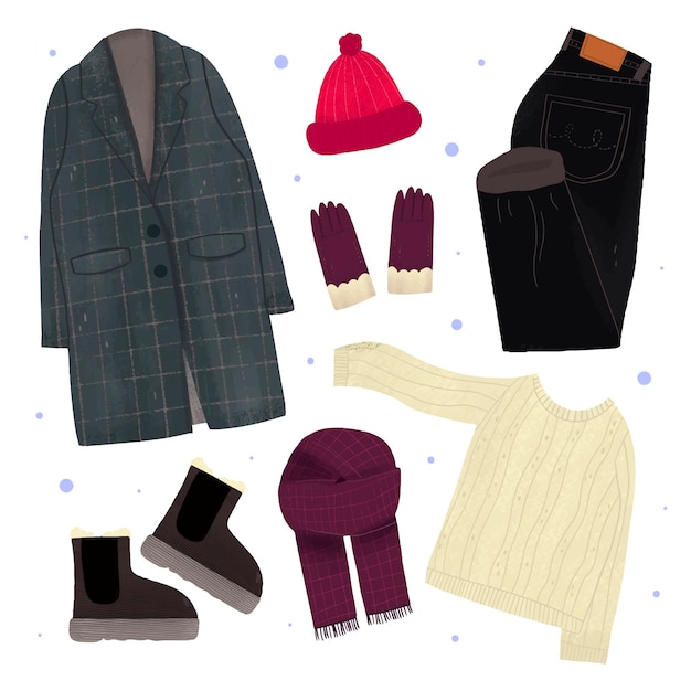 Collection de vêtements d'hiver et d'articles essentiels dessinés à la main