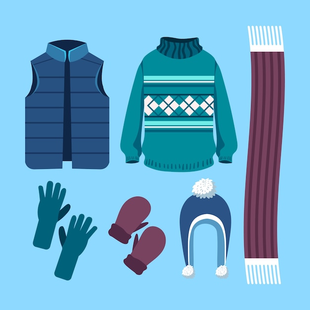 Vecteur gratuit collection de vêtements d'hiver et d'articles essentiels