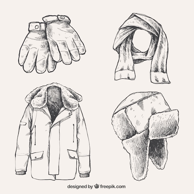 Vecteur gratuit collection de vêtements d'hiver dessinés à la main