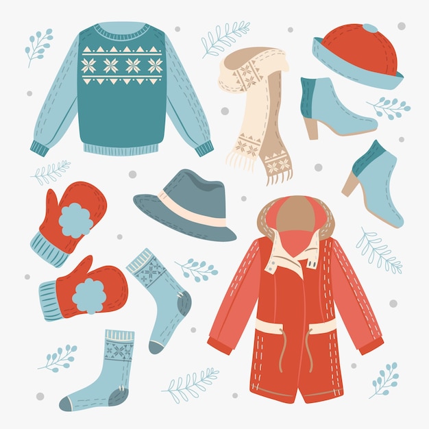 Vecteur gratuit collection de vêtements d'hiver dessinés