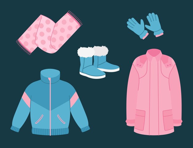 Collection de vêtements d'hiver plats et essentiels dessinés à la main