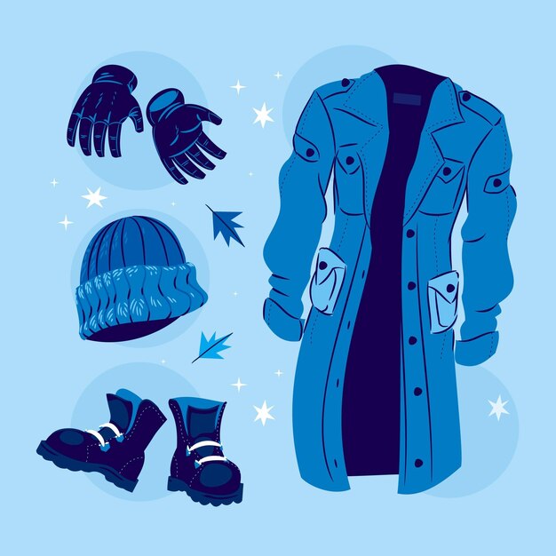 Collection de vêtements d'hiver plats et essentiels dessinés à la main