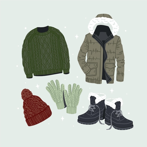 Collection de vêtements d'hiver plats et essentiels dessinés à la main