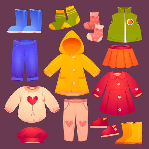 Vecteur gratuit collection de vêtements pour enfants d'automne et d'hiver de dessin animé