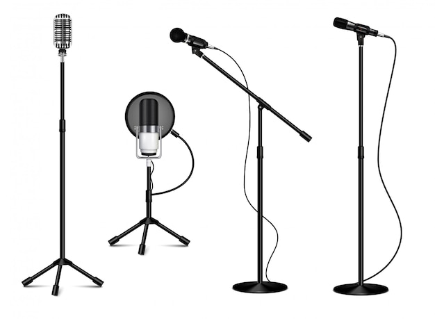 Collection vintage de microphones professionnels debout avec fil sur fond blanc dans une illustration isolée de style réaliste