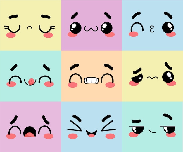 Vecteur gratuit collection de visages kawaii design plat dessinés à la main