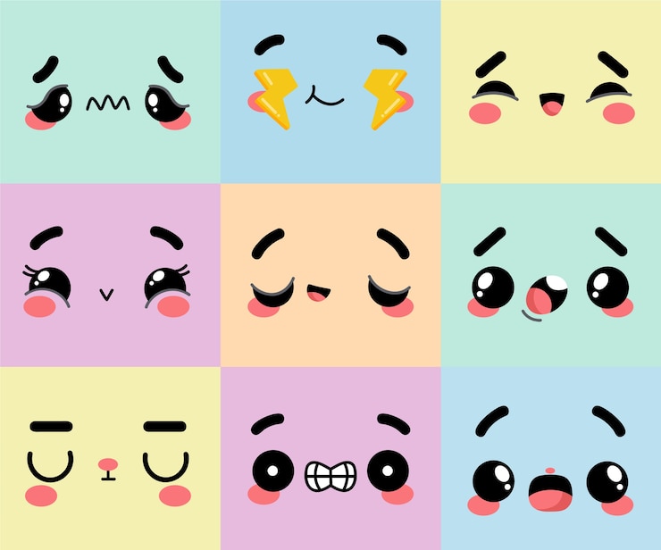 Vecteur gratuit collection de visages kawaii design plat dessinés à la main