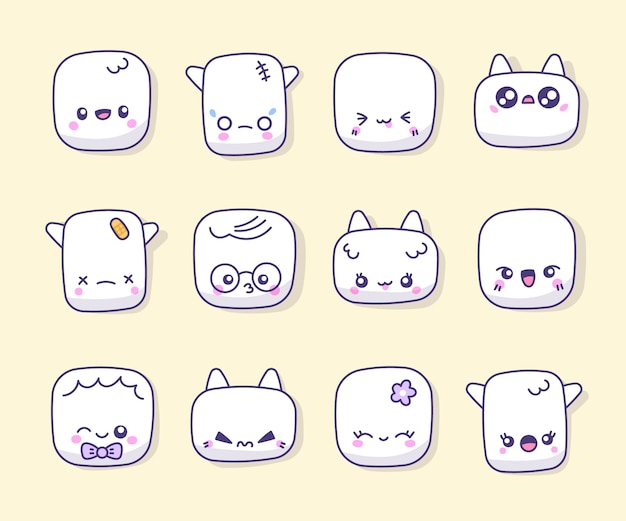 Vecteur gratuit collection de visages kawaii dessinés à la main