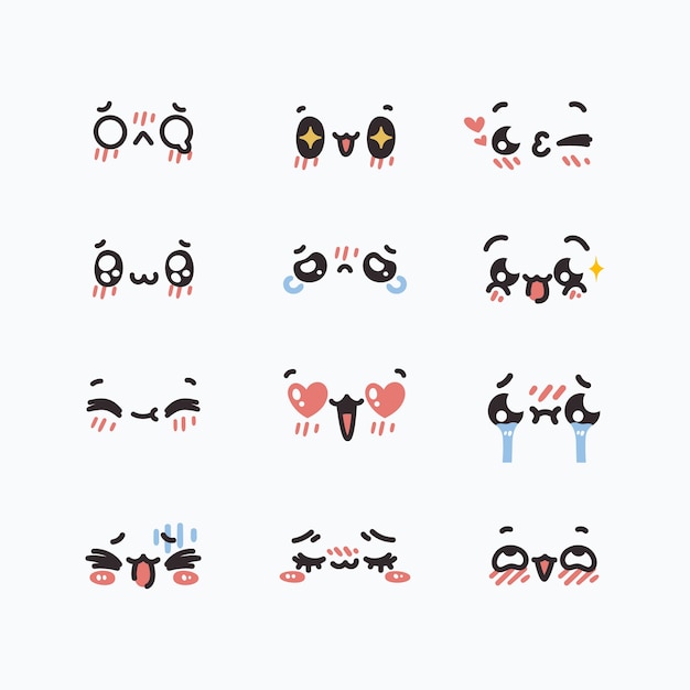 Vecteur gratuit collection de visages kawaii plats dessinés à la main