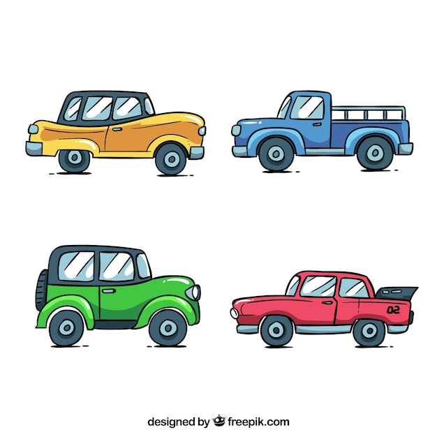 Vecteur gratuit collection de voiture de dessin animé avec vue de côté