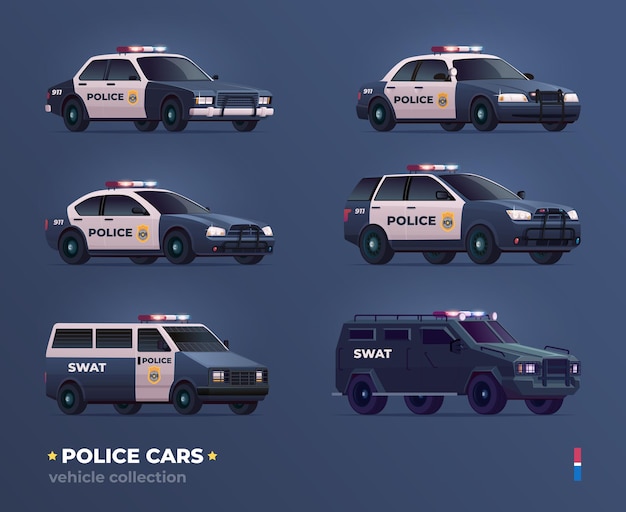 Collection de voitures de police de différents types. voiture de police urbaine de la ville, fourgon, suv et camion swat.