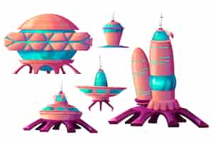 Vecteur gratuit colonisation de l'espace, dessin animé de vaisseaux spatiaux extraterrestres