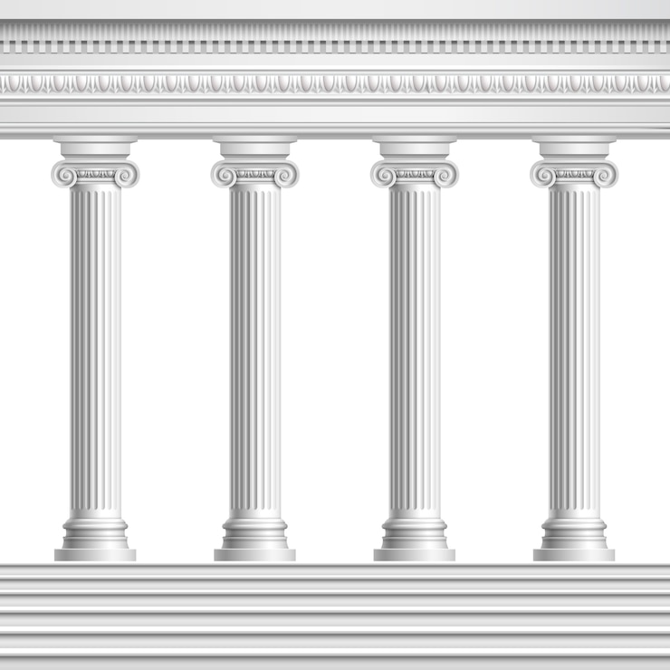 Vecteur gratuit colonnade d'éléments architecturaux à partir de colonnes antiques réalistes avec plafond décoré et base avec escaliers