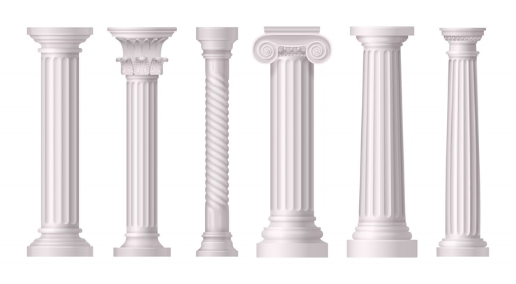 Vecteur gratuit colonnes blanches antiques réalistes avec différents styles d'architecture grecque