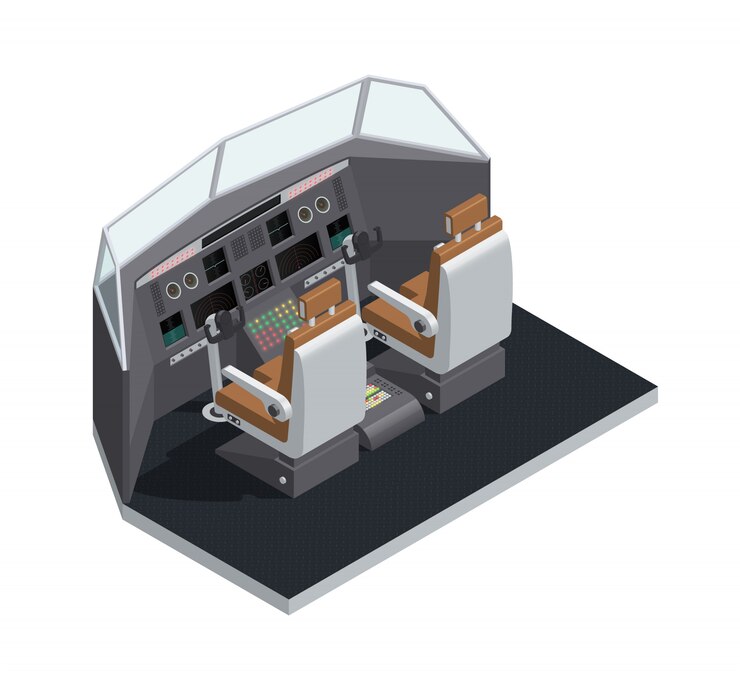 Vecteur gratuit coloré avion 3d isométrique intérieur composition isolée avec illustration vectorielle de cockpit vue de côté
