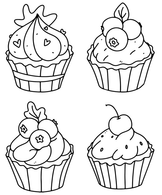 Coloriage De Petits Gateaux Mignons Cupcake Set Outline Doodle Vector Illustration Un Ensemble De Muffins Vecteur Premium