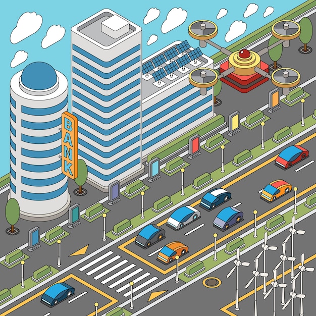 Vecteur gratuit coloriages composition de la ville moderne avec drone volant et gratte-ciel avec des voitures sur l'illustration vectorielle de la route et de la chaussée
