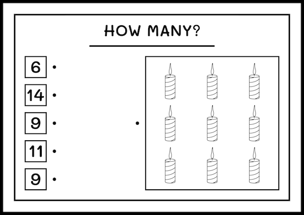 Combien de bougies de noël, jeu pour enfants. illustration vectorielle, feuille de calcul imprimable