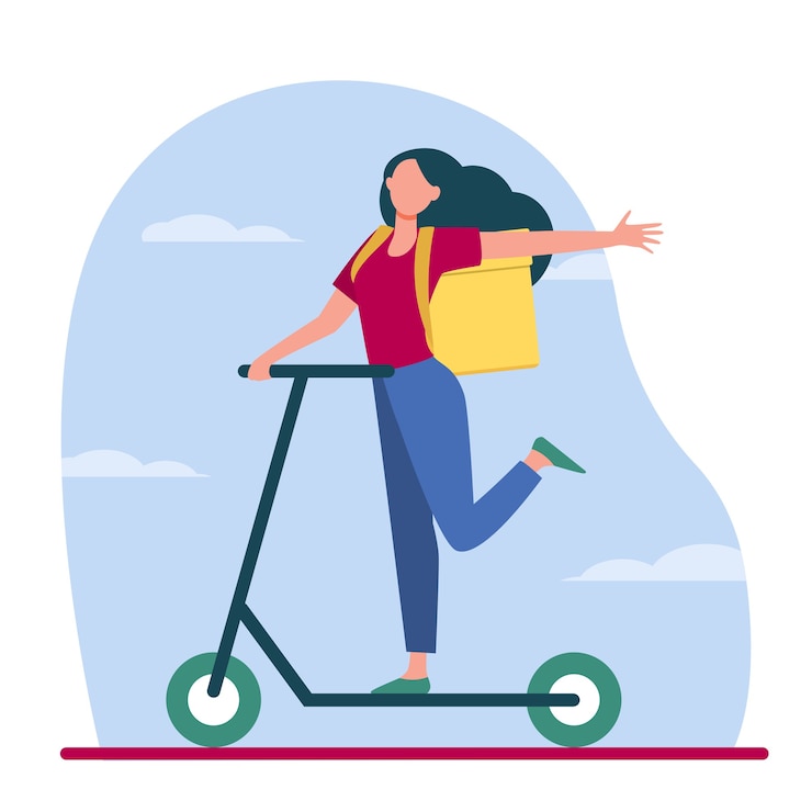 Vecteur gratuit commande de livraison de courrier. heureuse jeune femme avec sac à dos en forme de boîte équitation illustration vectorielle plane scooter. livraison de nourriture, service, transport