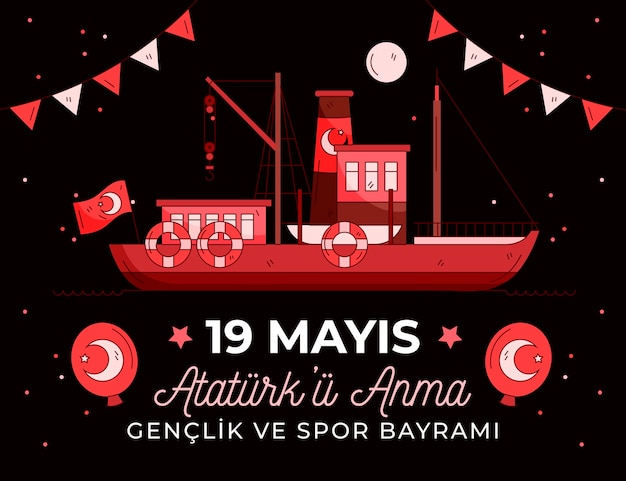 Vecteur gratuit commémoration dessinée à la main de l'ataturk, de la jeunesse et de l'illustration de la journée des sports