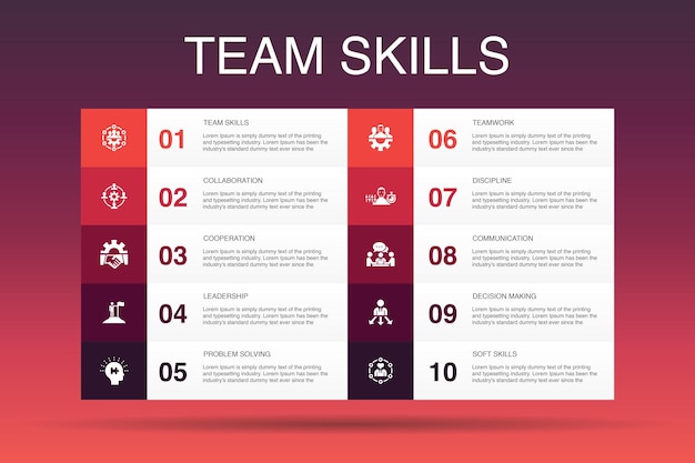 Compétences d'équipe modèle d'option d'infographie 10. collaboration, coopération, travail d'équipe, icônes simples de communication