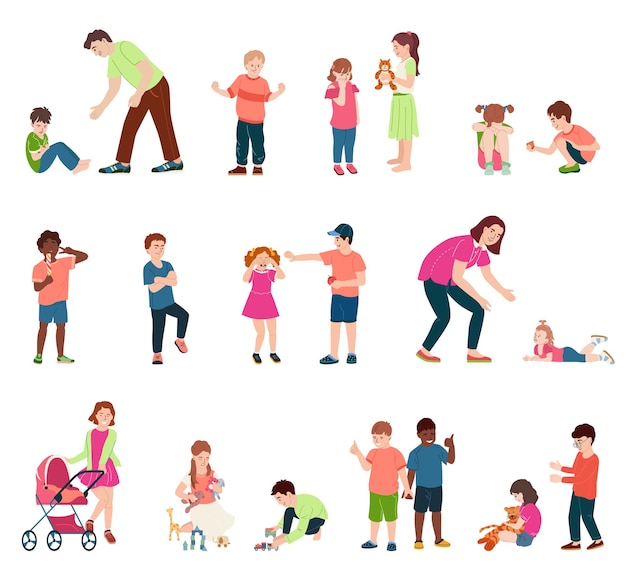 Vecteur gratuit comportement des enfants ensemble plat d'enfants leurs amis et parents dans différentes situations de vie illustration vectorielle isolée