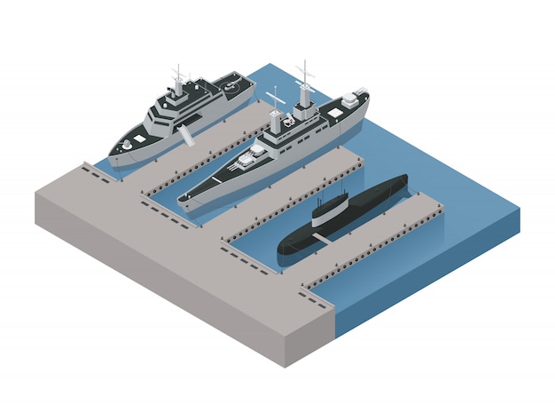 Vecteur gratuit composition 3d isométrique de bateaux militaires colorés avec des navires amarrés près de l'illustration vectorielle de rive