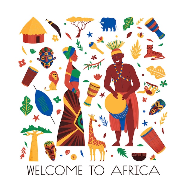 Vecteur gratuit la composition de l'afrique avec du texte modifiable et des icônes isolées d'animaux masque des plantes exotiques et des illustrations de peuples africains