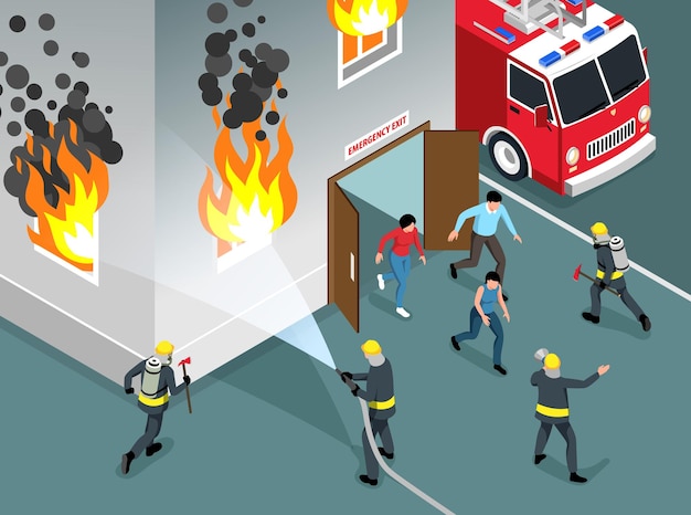 Vecteur gratuit composition d'alarme incendie avec des personnes évacuées de l'illustration vectorielle isométrique de la maison en feu