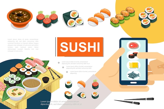 Composition alimentaire japonaise isométrique avec différents types de soupe de sushi sashimi et commande en ligne d'illustration de rouleaux