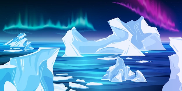 Vecteur gratuit composition des aurores boréales des icebergs