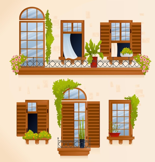 Vecteur gratuit composition de balcon maison vintage deux étages avec des fenêtres magnifiquement sculptées avec des parterres de fleurs et un grand balcon sur l'illustration vectorielle du deuxième étage