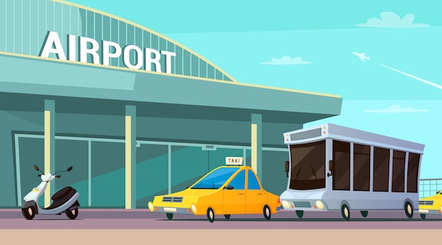 Vecteur gratuit composition de bande dessinée de transport de ville avec terminal de l'aéroport
