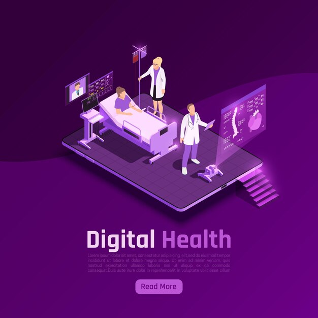 Composition de bannière isométrique de lueur de santé numérique de télémédecine avec des images futuristes de la salle d'hôpital et de l'illustration d'écrans holographiques,