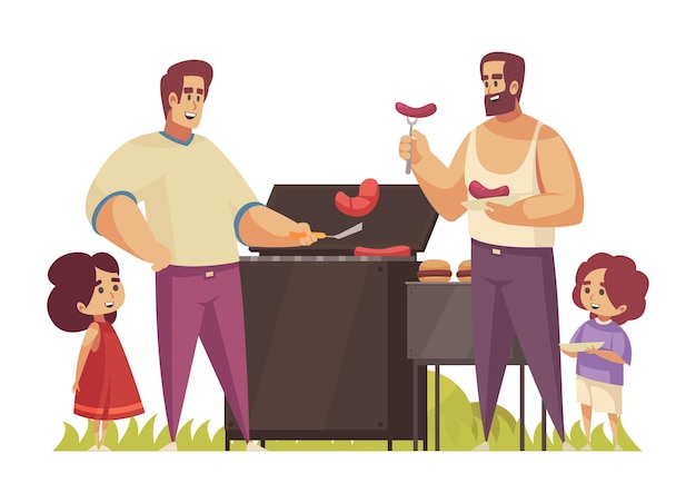 Vecteur gratuit composition de barbecue avec barbecue de paysage extérieur et deux hommes adultes avec leurs enfants illustration vectorielle
