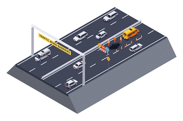 Vecteur gratuit composition de barrières routières de circulation isométrique avec vue isolée de la section d'autoroute avec illustration vectorielle de cônes de signalisation des ouvriers d'entretien