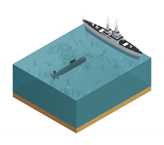 Vecteur gratuit composition de bateaux militaires 3d isométriques avec un morceau de mer coupé avec un sous-marin et une illustration vectorielle de bateau