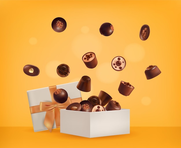 Vecteur gratuit composition de boîte de chocolat réaliste avec des images de bonbons choco volants avec arc orange sur illustration vectorielle fond flou