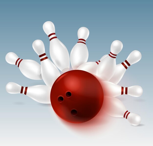 Composition de bowling réaliste avec des images de frappe de balle et d'épingles tombantes avec des ombres sur l'illustration de fond blanc