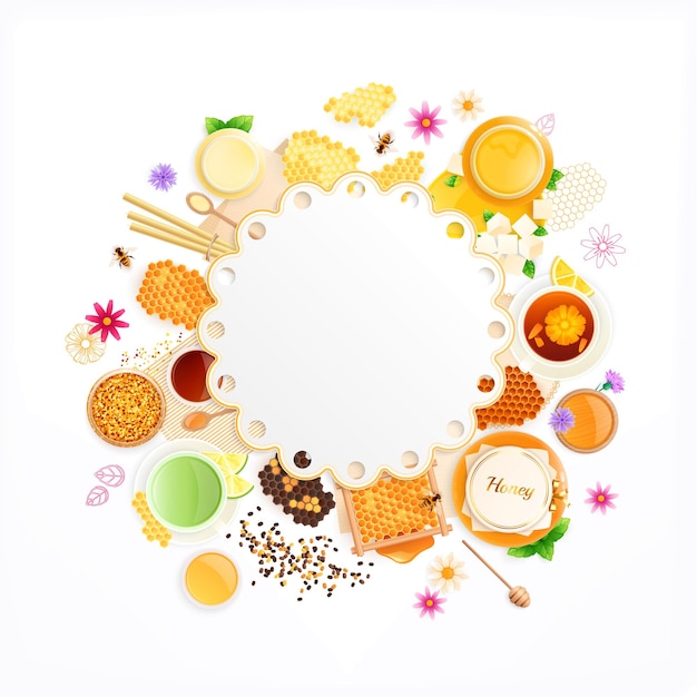 Composition de cadre de produits apicoles avec vue de dessus de fleurs de bonbons en peigne à miel plat avec illustration vectorielle de cercle vide