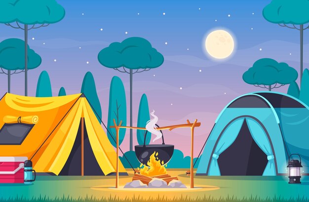 Composition de camping avec deux tentes feu glacière avec arbres et dessin animé de ciel nocturne