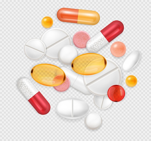 Vecteur gratuit composition de capsules de pilules réalistes avec un tas de vitamines de médicaments médicaux et de suppléments nutritionnels sur illustration vectorielle de fond transparent